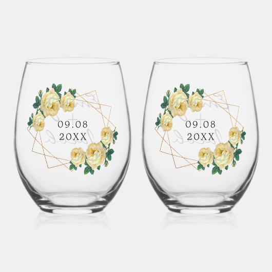 エレガント金ゴールドグリッタージオイエローフローラ結婚ズ ステムなしワイングラス (裏面)