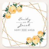 エレガント金ゴールドグリッタージオオレンジ結婚フローラ スクエアペーパーコースター (正面)
