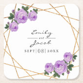 エレガント金ゴールドグリッタージオパープルフローラ結婚ズ スクエアペーパーコースター (正面)
