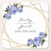 エレガント金ゴールドグリッタージオメトリブルーフローラ結婚ズ スクエアペーパーコースター (正面)