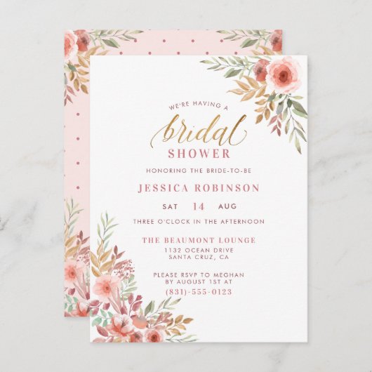 エレガント金ゴールドグリッタースクリプトフローラブライダルシャワー インビテーションポストカード (正面/裏面)
