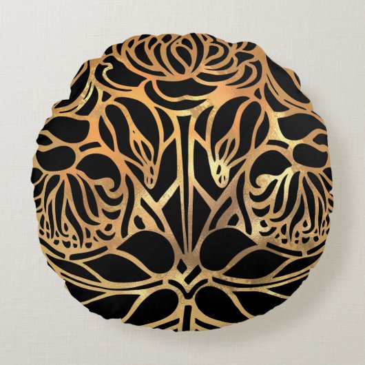 エレガント金ゴールドグリッターゼブラブラックアニマルプリント ラウンドクッション (正面)