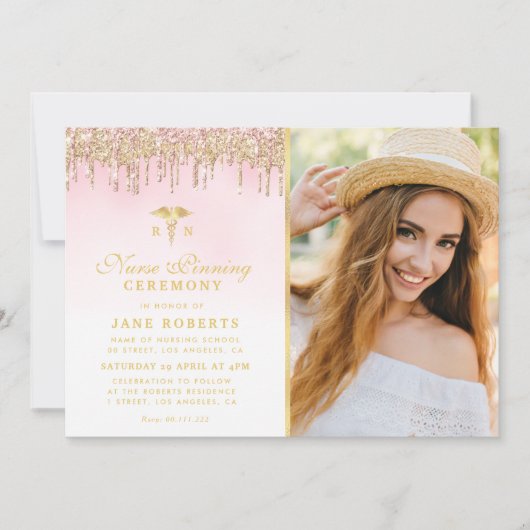 エレガント金ゴールドグリッターナースピン止め式  招待状 (正面)