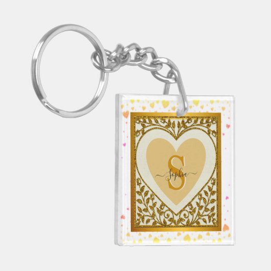 エレガント金ゴールドグリッターハートイニシャルおよび名前キーチェーン キーホルダー (正面左)