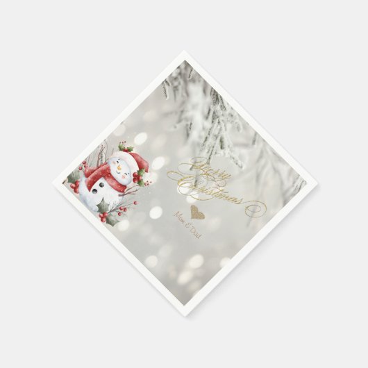 エレガント金ゴールドグリッターハート雪だるま スタンダードカクテルナプキン (角)