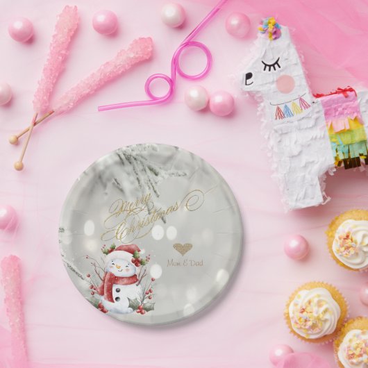 エレガント金ゴールドグリッターハート雪だるま ペーパープレート (パーティー)