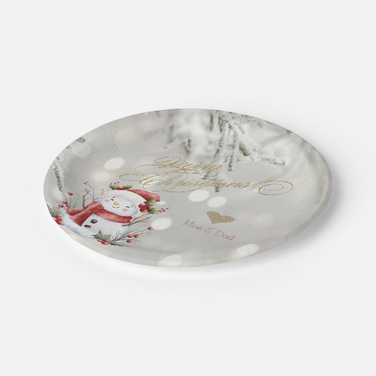 エレガント金ゴールドグリッターハート雪だるま ペーパープレート (アングル)