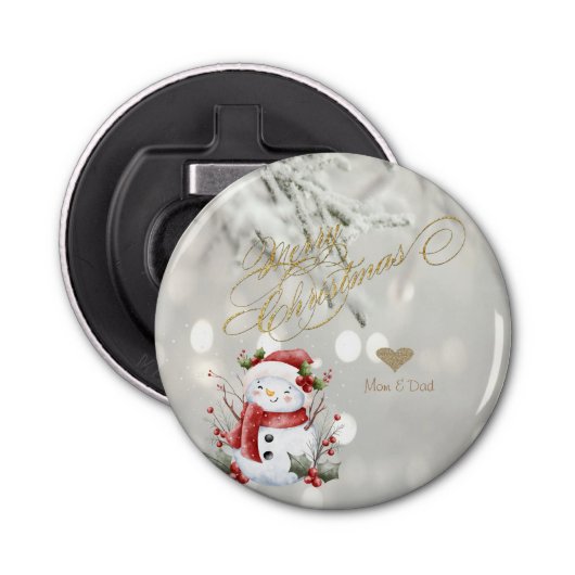 エレガント金ゴールドグリッターハート雪だるま 栓抜き (正面)