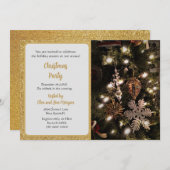 エレガント金ゴールドグリッターパーティー付きクリスマスツリー 招待状 (正面/裏面)