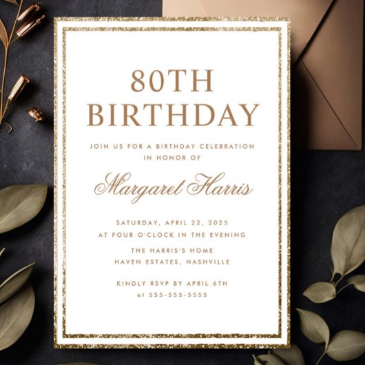 エレガント金ゴールドグリッターフレーム80th80誕生日 招待状