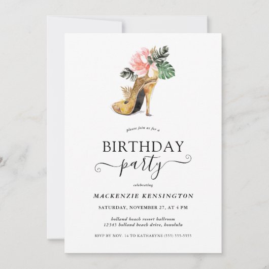 エレガント金ゴールドグリッターフローラ金ゴールドヒール誕生日 招待状 (正面)