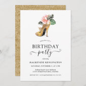 エレガント金ゴールドグリッターフローラ金ゴールドヒール誕生日 招待状 (正面/裏面)
