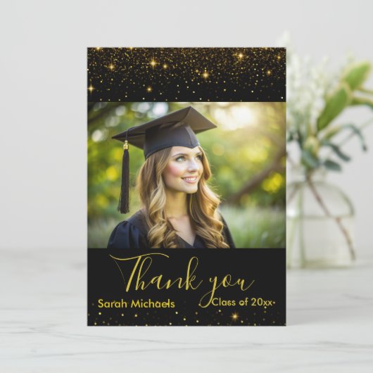 エレガント金ゴールドグリッターブラック大学院写真 サンキューカード (スタンド正面)