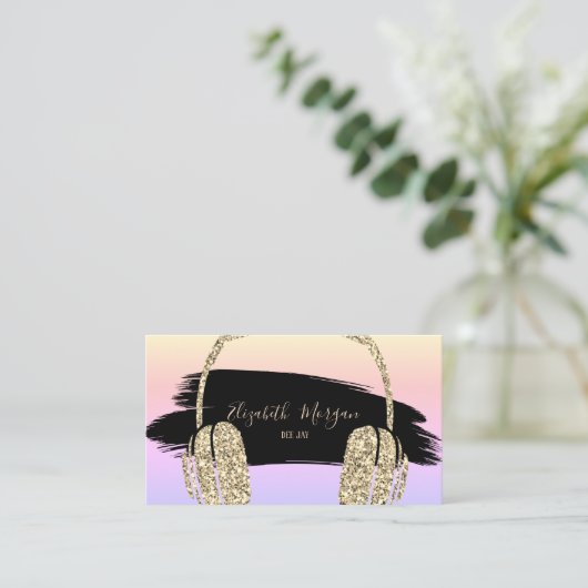 エレガント金ゴールドグリッターヘッドフォンDJブラシストローク 名刺 (スタンド正面)