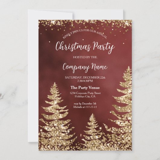 エレガント金ゴールドグリッターレッド企業のクリスマスパーティー 招待状 (正面)