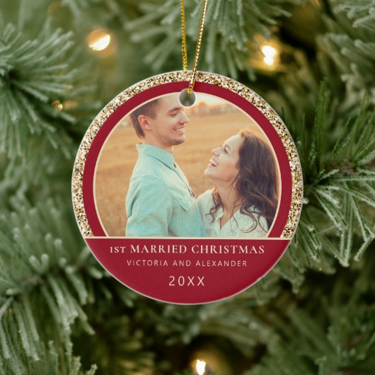エレガント金ゴールドグリッターレッド1stクリスマ結婚したス セラミックオーナメント (ツリー)