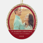 エレガント金ゴールドグリッターレッド1stクリスマ結婚したス セラミックオーナメント (左)