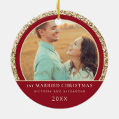 エレガント金ゴールドグリッターレッド1stクリスマ結婚したス セラミックオーナメント (裏面)