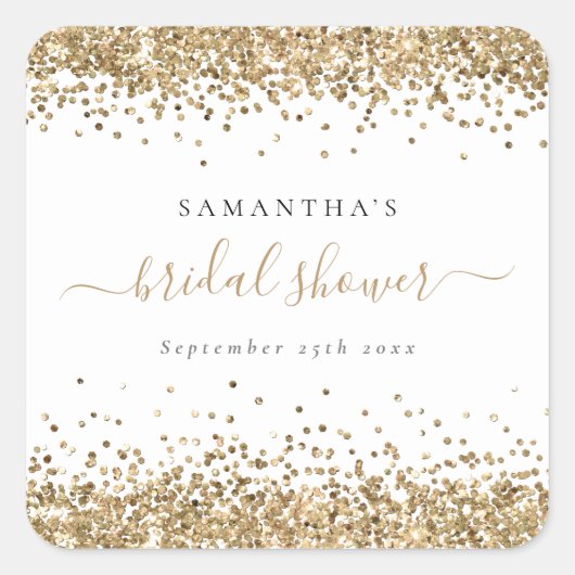 エレガント金ゴールドグリッター名日付ブライダルシャワー スクエアシール (正面)