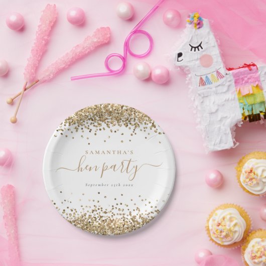エレガント金ゴールドグリッター名日付Henパーティー ペーパープレート (パーティー)