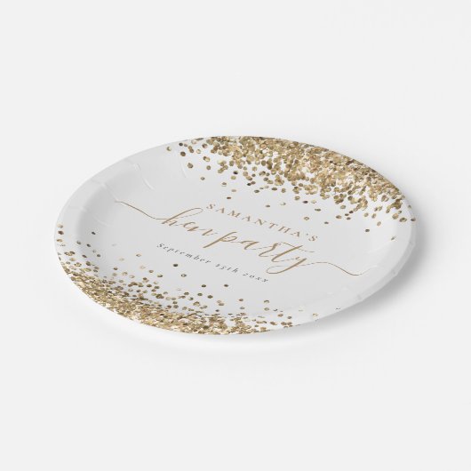 エレガント金ゴールドグリッター名日付Henパーティー ペーパープレート (アングル)