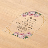 エレガント金ゴールドグリッター幾何ピンクフローラ結婚ズ アクリル招待状 (レイダウン)