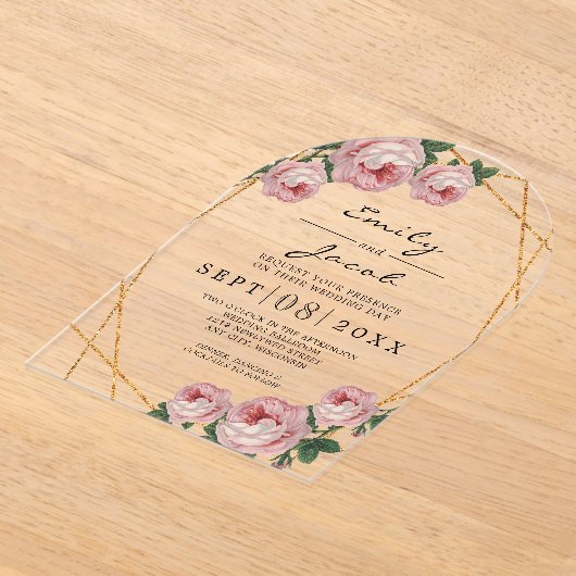 エレガント金ゴールドグリッター幾何ピンクフローラ結婚ズ アクリル招待状 (レイダウン)