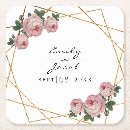 エレガント金ゴールドグリッター幾何ピンクフローラ結婚ズ スクエアペーパーコースター (正面)
