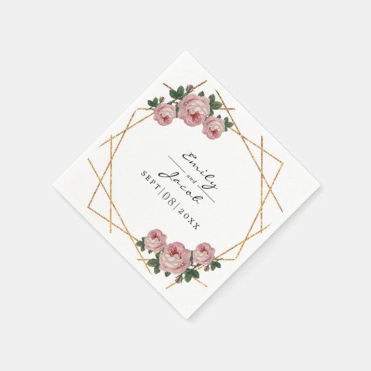 エレガント金ゴールドグリッター幾何ピンクフローラ結婚ズ スタンダードカクテルナプキン (角)