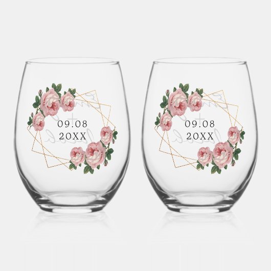 エレガント金ゴールドグリッター幾何ピンクフローラ結婚ズ ステムなしワイングラス (裏面)