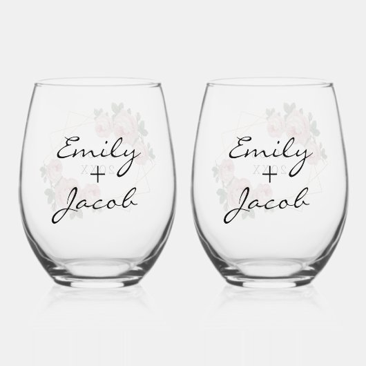 エレガント金ゴールドグリッター幾何ピンクフローラ結婚ズ ステムなしワイングラス (正面)