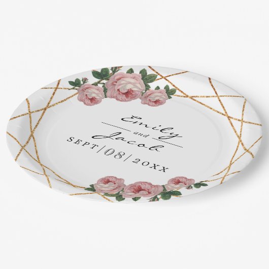 エレガント金ゴールドグリッター幾何ピンクフローラ結婚ズ ペーパープレート (アングル)