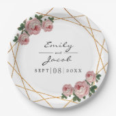エレガント金ゴールドグリッター幾何ピンクフローラ結婚ズ ペーパープレート (正面)