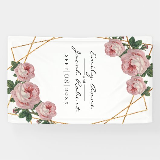 エレガント金ゴールドグリッター幾何ピンクフローラ結婚ズ 横断幕 (横)