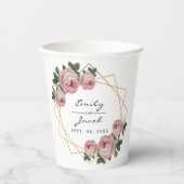 エレガント金ゴールドグリッター幾何ピンクフローラ結婚ズ 紙コップ (正面)