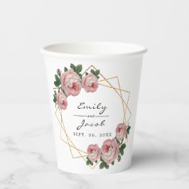 エレガント金ゴールドグリッター幾何ピンクフローラ結婚ズ 紙コップ