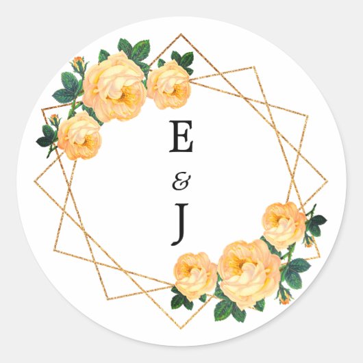 エレガント金ゴールドグリッター幾何学的オレンジ色のフローラ結婚 ラウンドシール (正面)