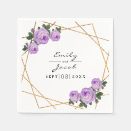 エレガント金ゴールドグリッター幾何紫フローラ結婚 スタンダードカクテルナプキン