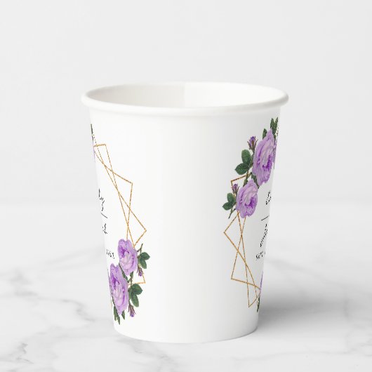 エレガント金ゴールドグリッター幾何紫フローラ結婚 紙コップ (左)