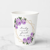 エレガント金ゴールドグリッター幾何紫フローラ結婚 紙コップ (正面)