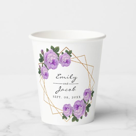 エレガント金ゴールドグリッター幾何紫フローラ結婚 紙コップ (正面)
