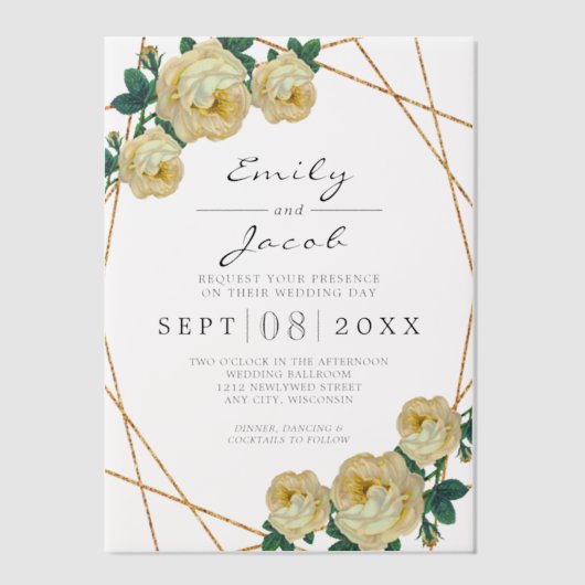 エレガント金ゴールドグリッター幾何結婚黄色 ベラム紙招待状 (正面)