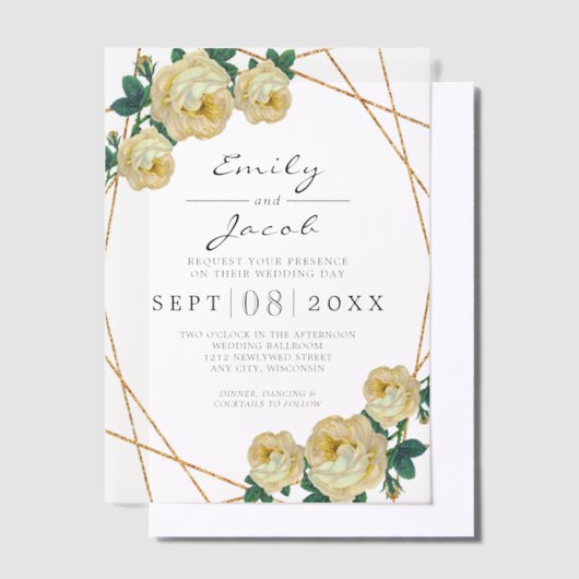 エレガント金ゴールドグリッター幾何結婚黄色 ベラム紙招待状 (オフセット)