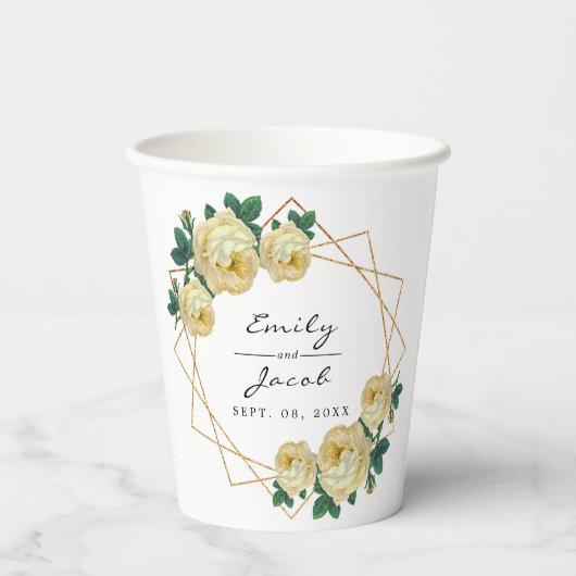 エレガント金ゴールドグリッター幾何黄色フローラ結婚 紙コップ (裏面)