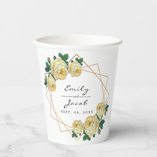 エレガント金ゴールドグリッター幾何黄色フローラ結婚 紙コップ (正面)