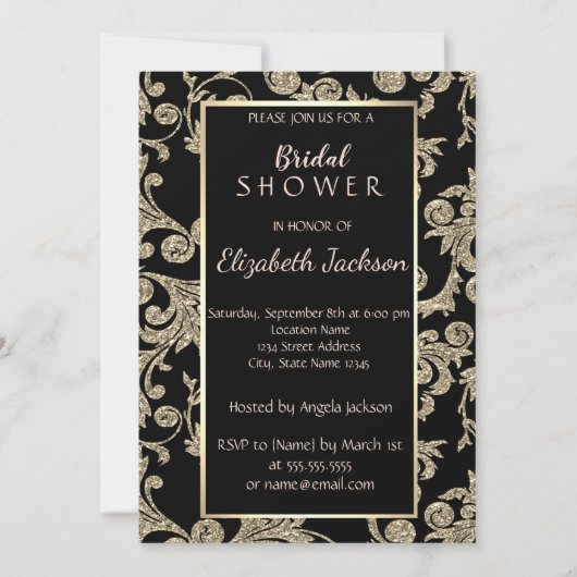 エレガント金ゴールドグリッター旋回ブライダルシャワー 招待状 (正面)