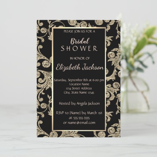 エレガント金ゴールドグリッター旋回ブライダルシャワー 招待状 (スタンド正面)