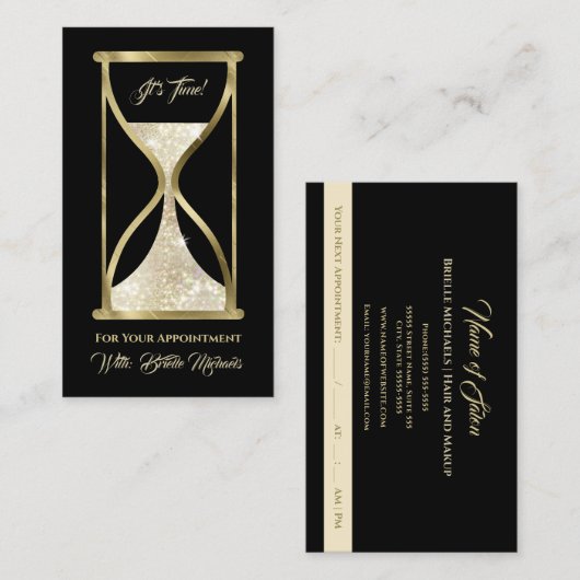 エレガント金ゴールドグリッター砂時計の髪とメイクアップ 予約カード (正面/裏面)
