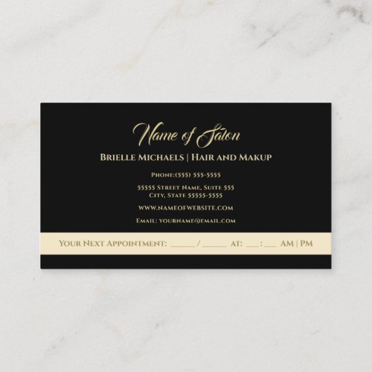 エレガント金ゴールドグリッター砂時計の髪とメイクアップ 予約カード (裏面)