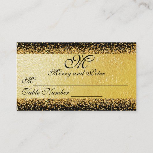 エレガント金ゴールドグリッター紙吹雪オンブラック プレイスカード (正面)